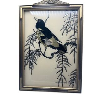 Vtg‎ Reverse Painted Silhouette Baltimore Oriole Wall Decor W/Gold Frame 8 x11